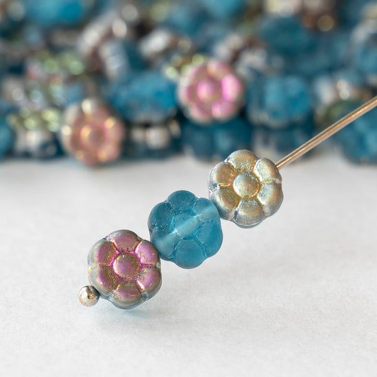 7mm Glass Flower Beads - Blue Metallic Pink Green - 50 Beads