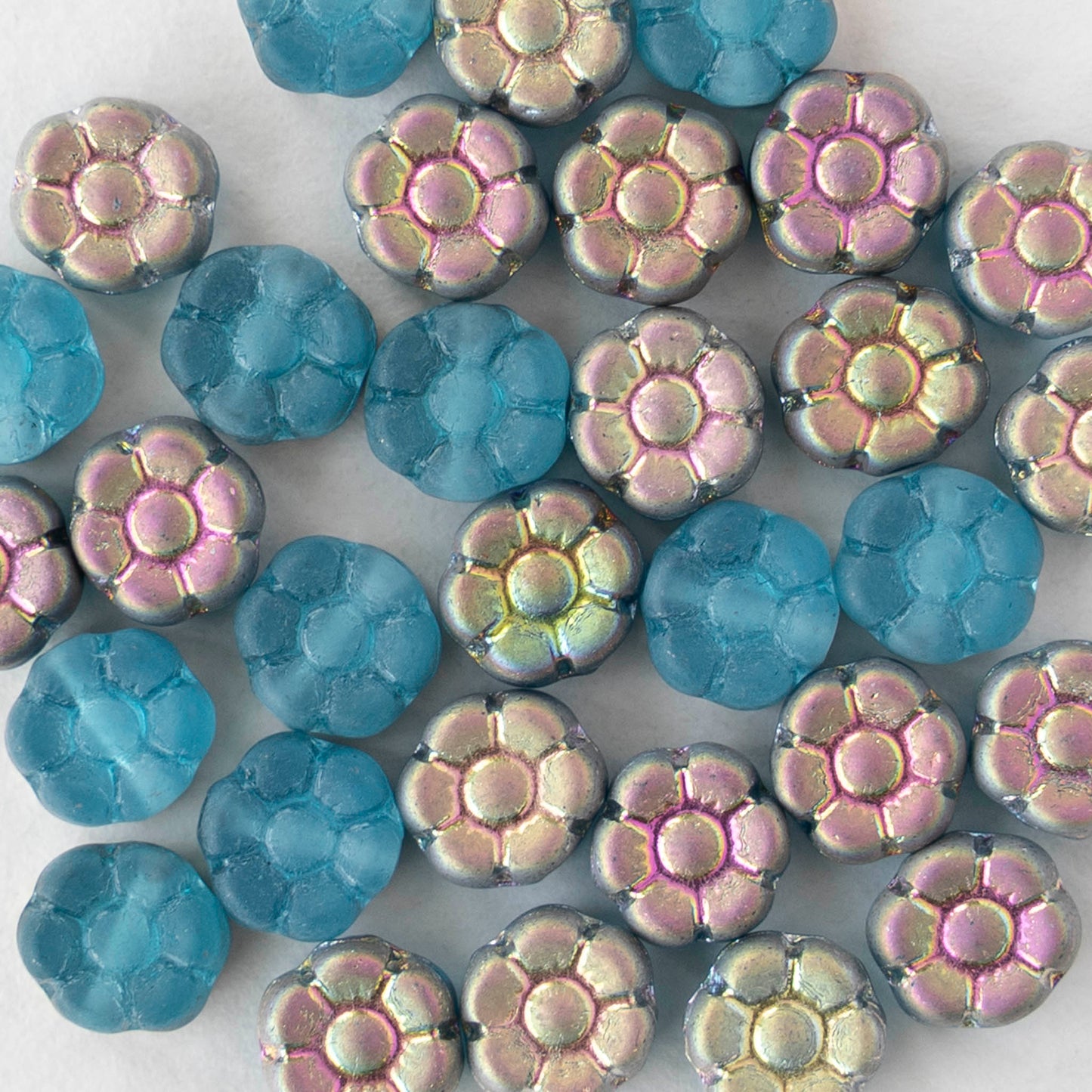 7mm Glass Flower Beads - Blue Metallic Pink Green - 50 Beads