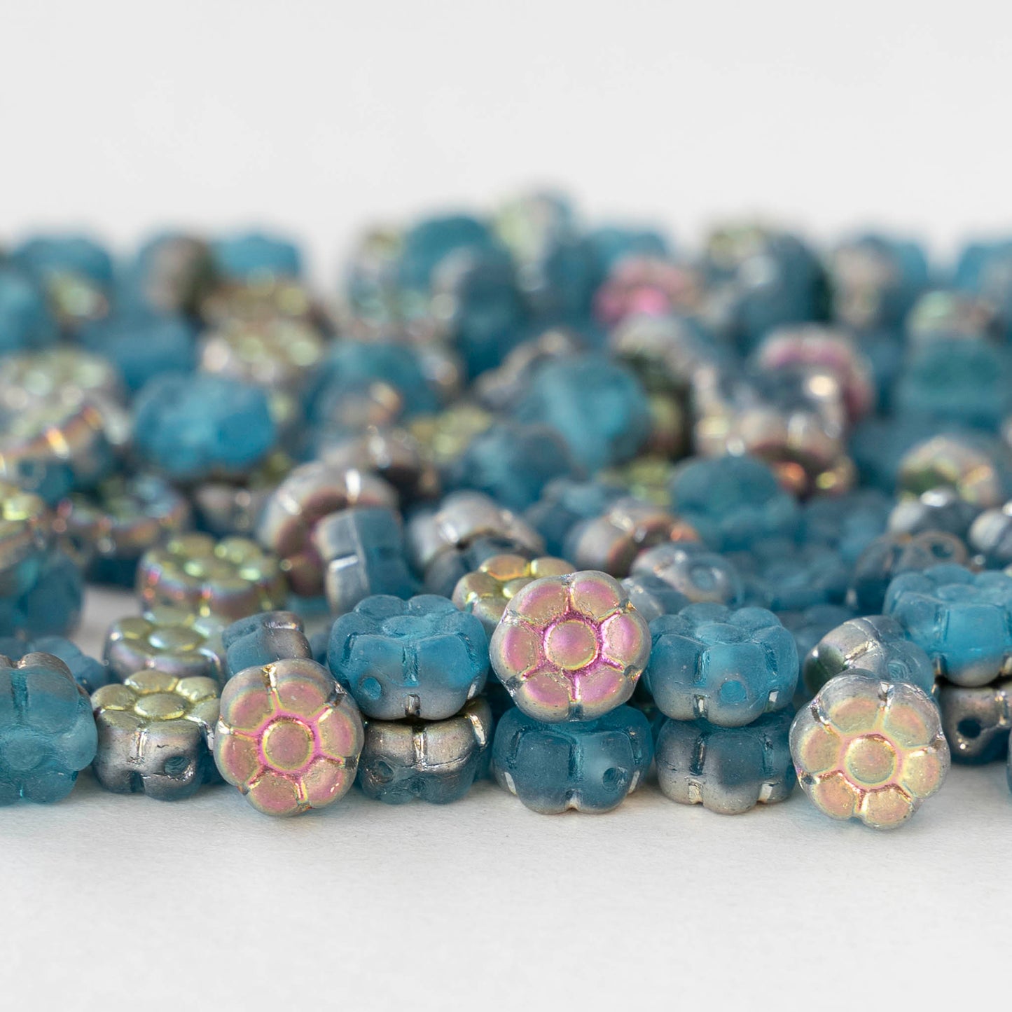 7mm Glass Flower Beads - Blue Metallic Pink Green - 50 Beads