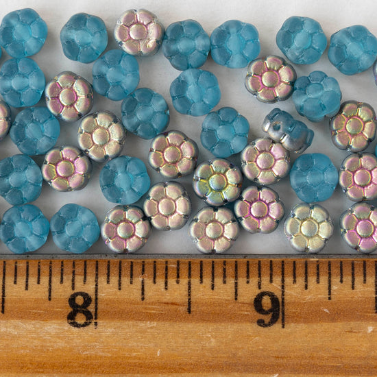7mm Glass Flower Beads - Blue Metallic Pink Green - 50 Beads