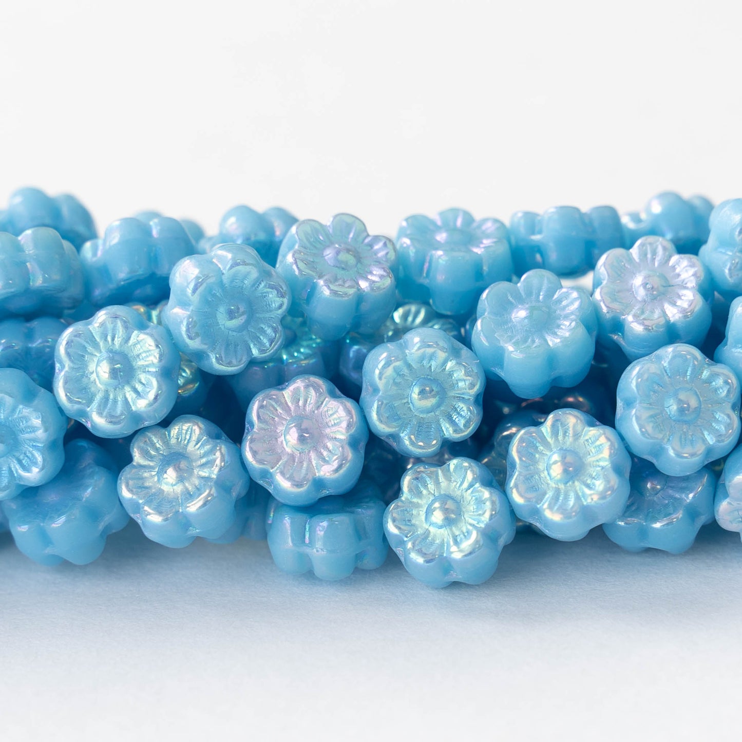 6mm Glass Flower Beads - Opaque Light Blue AB - 30 Beads