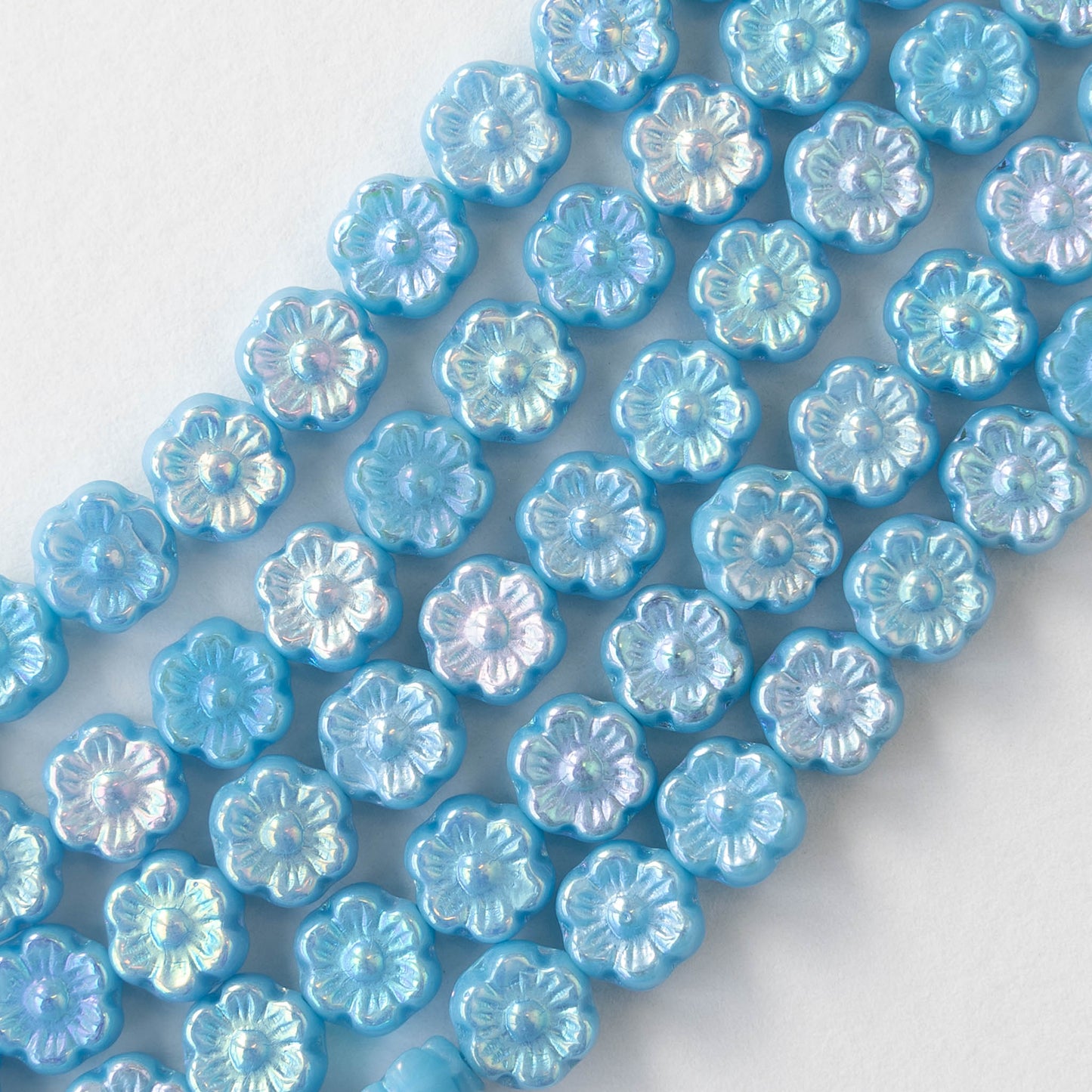 6mm Glass Flower Beads - Opaque Light Blue AB - 30 Beads