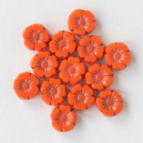 7mm Glass Flower Beads - Opaque Orange - 12 Beads