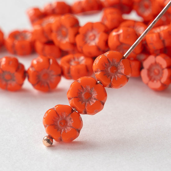 7mm Glass Flower Beads - Opaque Orange - 12 Beads