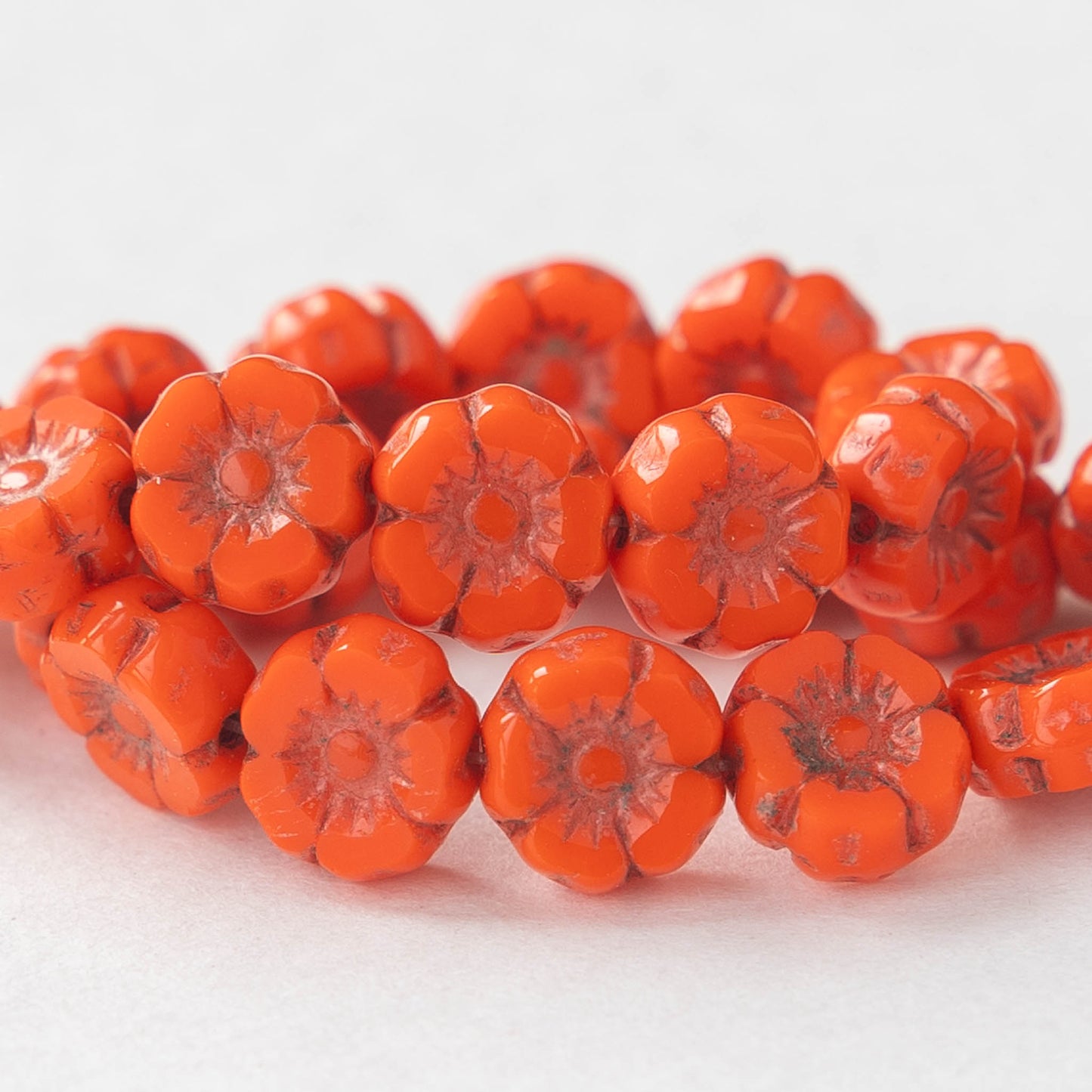 7mm Glass Flower Beads - Opaque Orange - 12 Beads