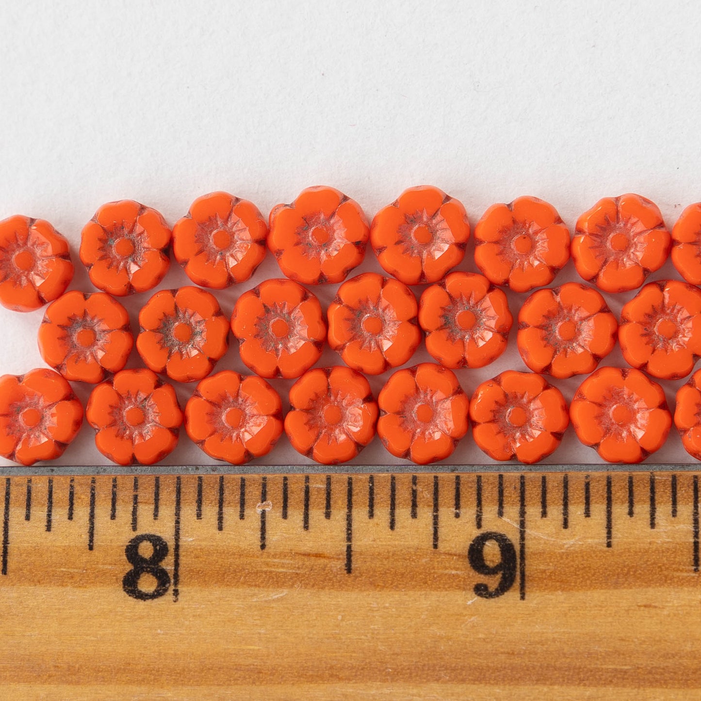 7mm Glass Flower Beads - Opaque Orange - 12 Beads