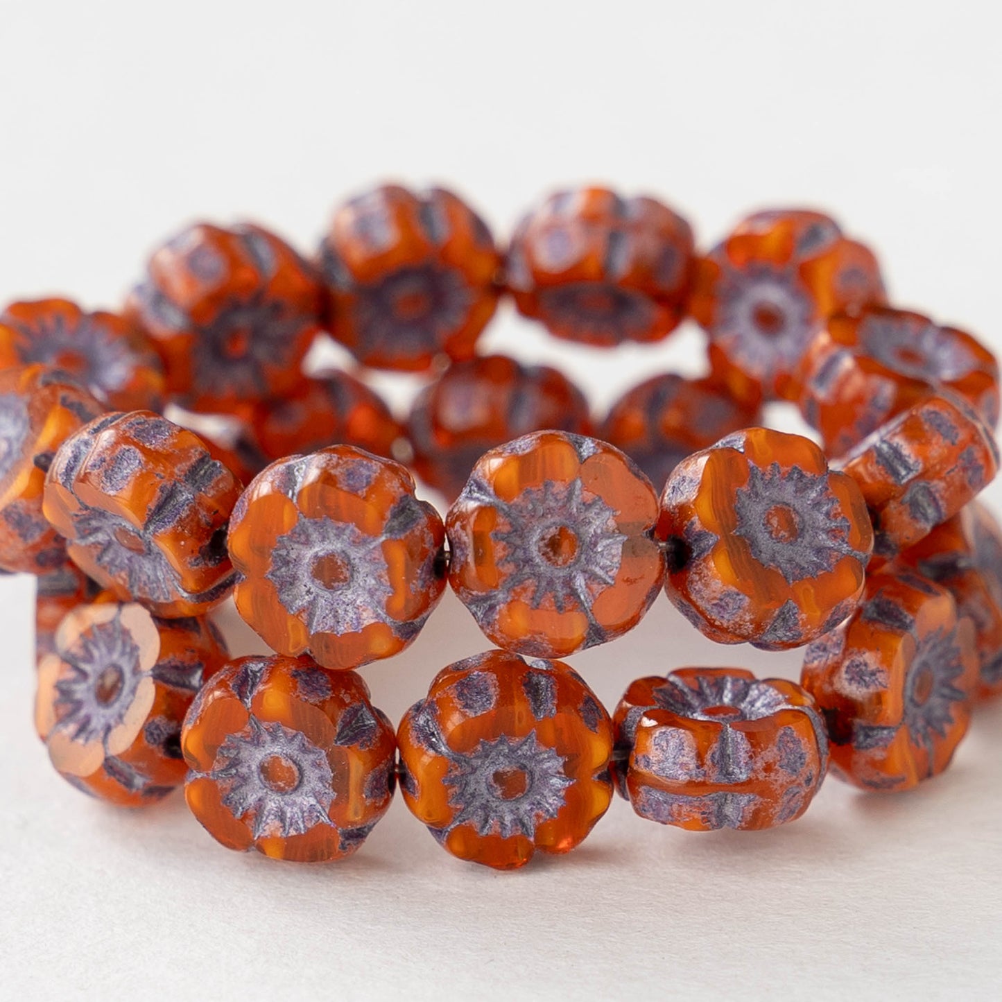 7mm Glass Flower Beads - Orange opaline with lavender Wash - 12 Beads