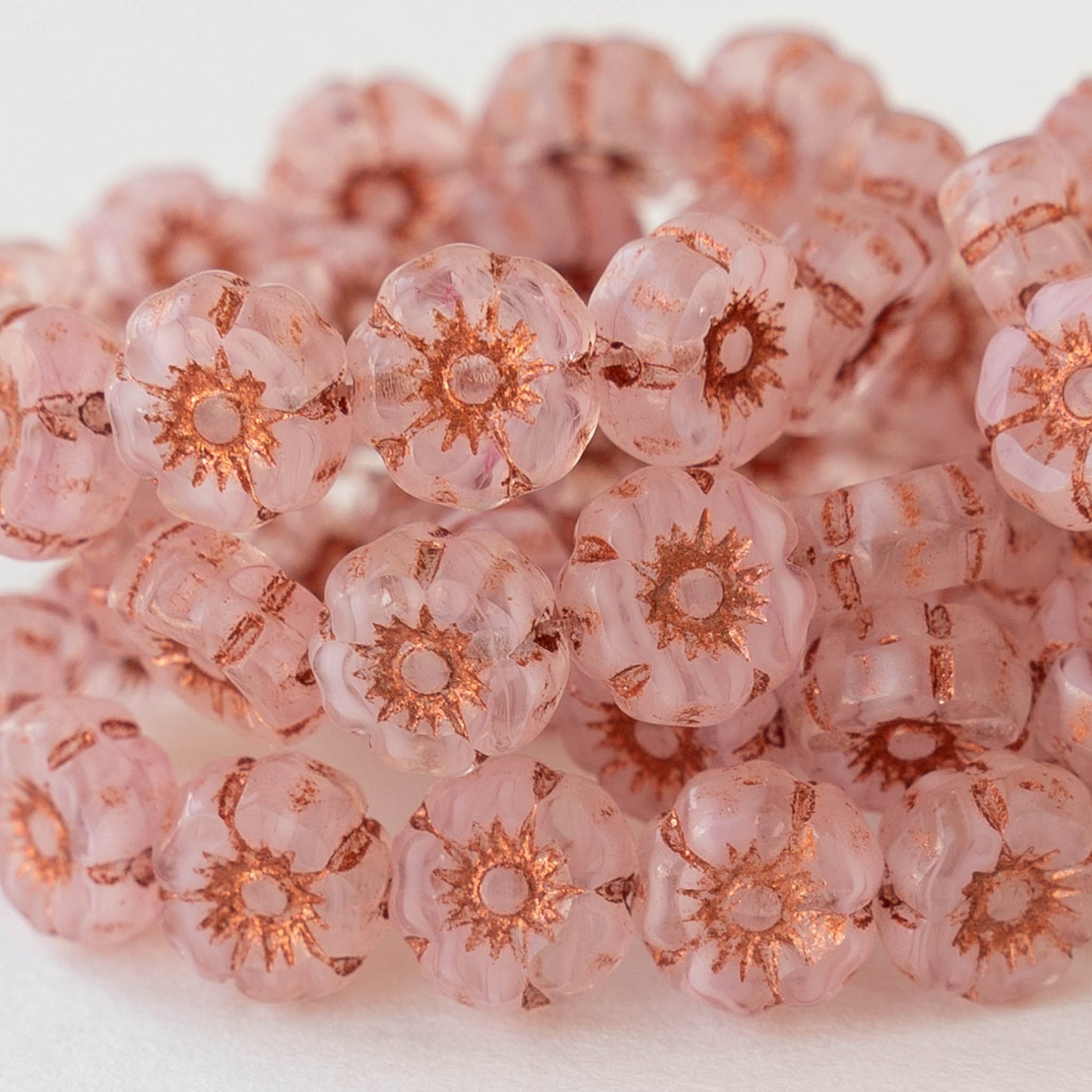 7mm Glass Flower Beads - Pink with Copper Wash - 12 Beads