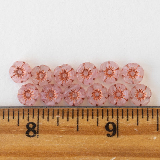 7mm Glass Flower Beads - Pink with Copper Wash - 12 Beads