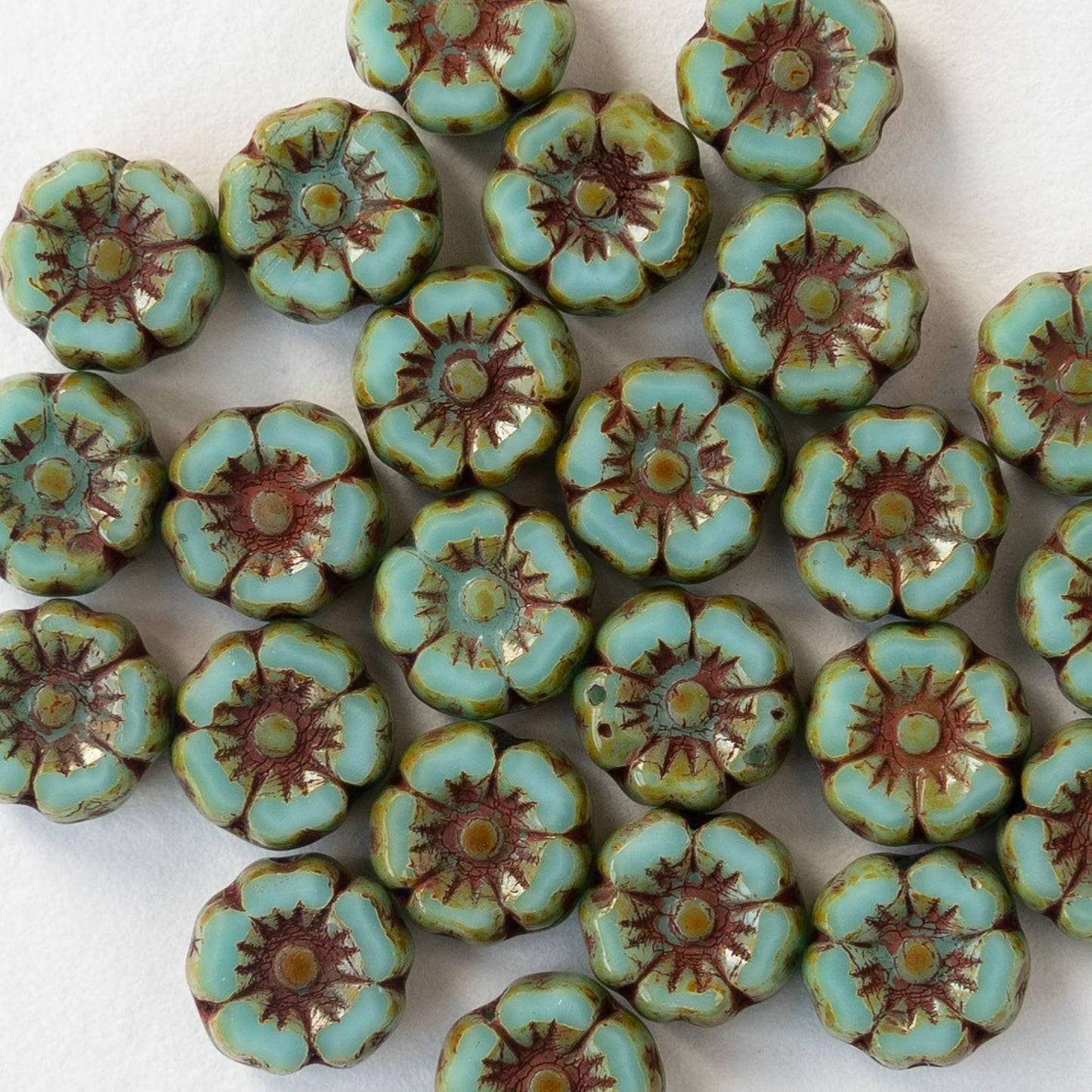 8mm Glass Flower Beads - Opaque Turquoise Picasso with Brick Red Wash - 12 beads