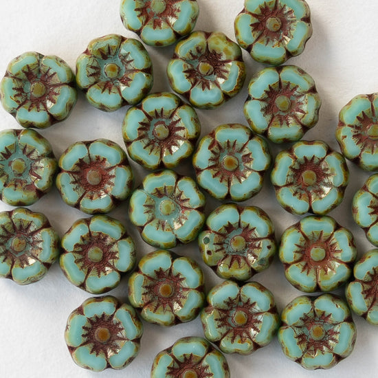 8mm Glass Flower Beads - Opaque Turquoise Picasso with Brick Red Wash - 12 beads