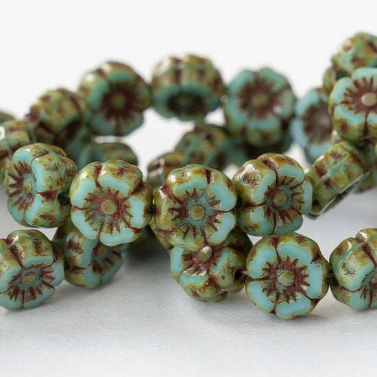 8mm Glass Flower Beads - Opaque Turquoise Picasso with Brick Red Wash - 12 beads