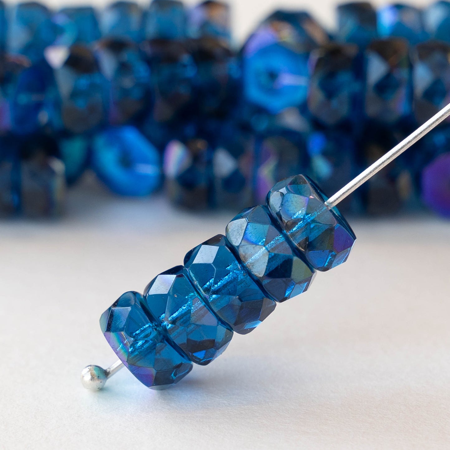 7mm Firepolished Glass Heishi Beads - Transparent Azure Blue AB - 15 Beads