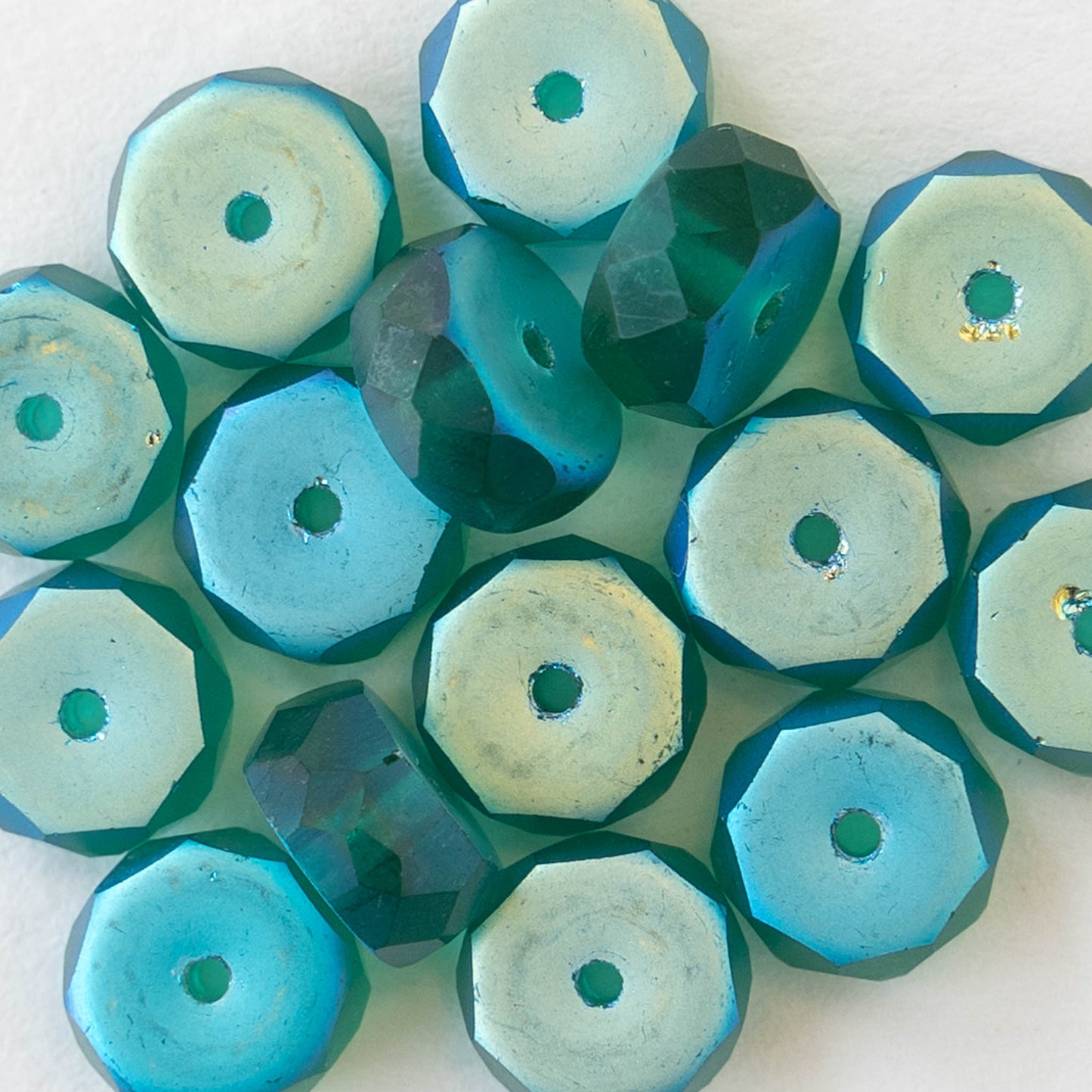 7mm Firepolished Glass Heishi Beads - Matte Emerald Green AB - 15 Beads