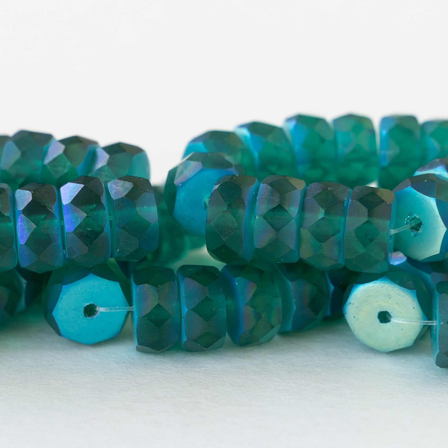 7mm Firepolished Glass Heishi Beads - Matte Emerald Green AB - 15 Beads