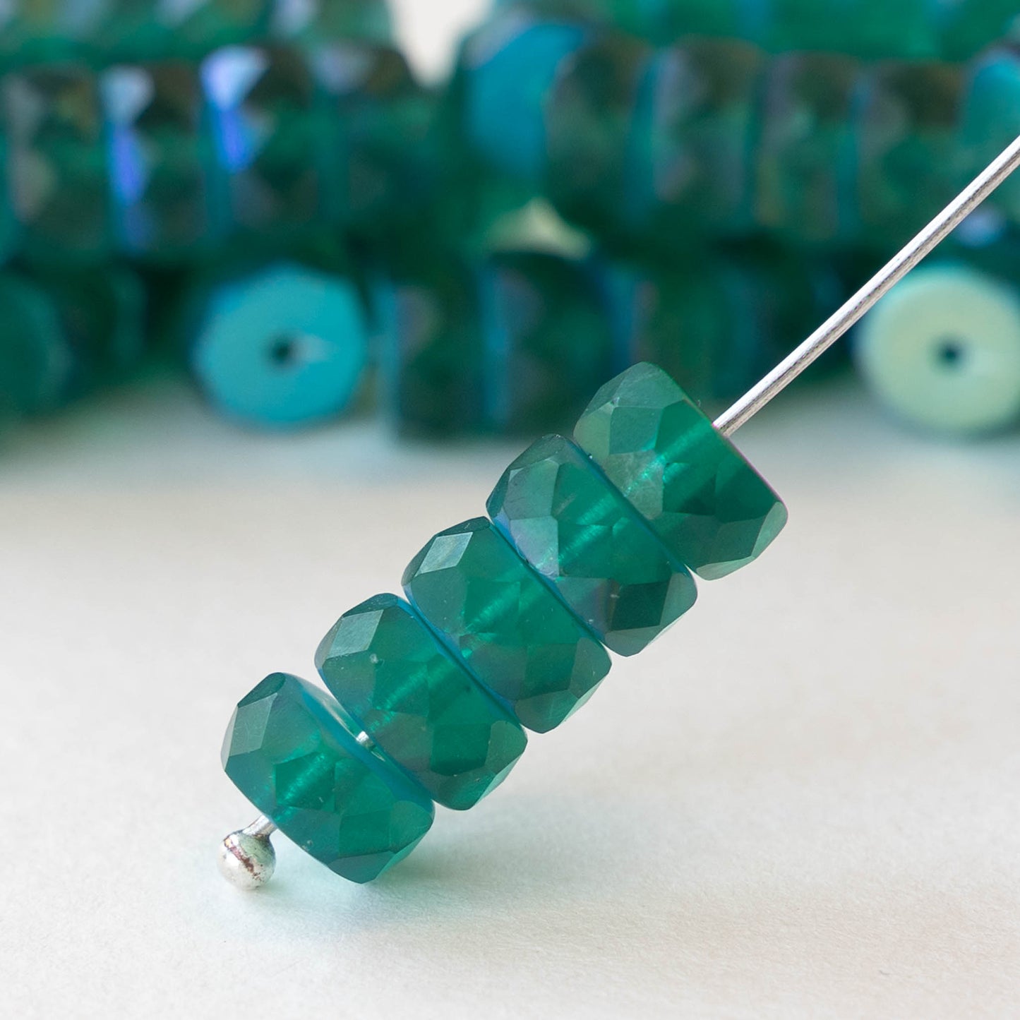 7mm Firepolished Glass Heishi Beads - Matte Emerald Green AB - 15 Beads