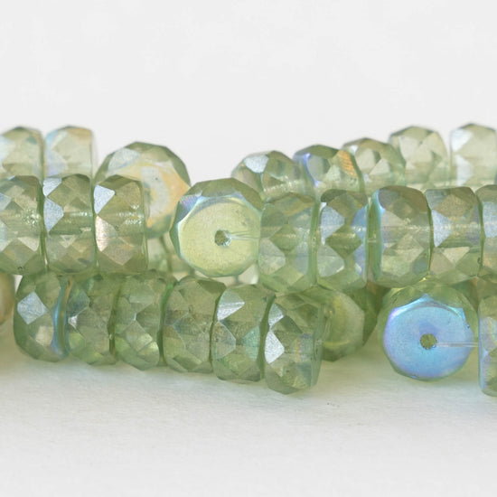 7mm Firepolished Glass Heishi Beads - Transparent Celadon Green AB - 15 Beads