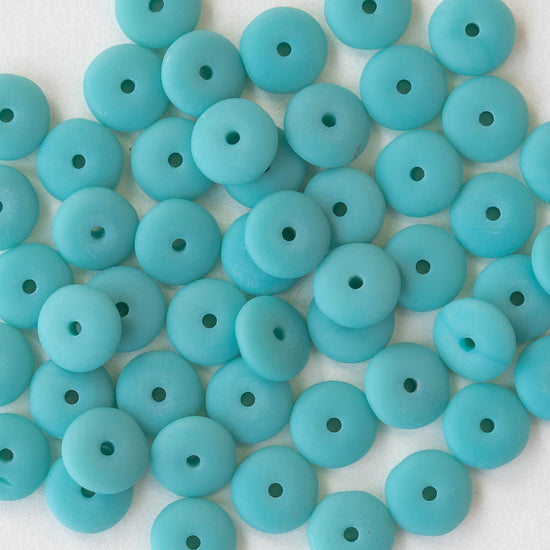 7mm Glass Rondelle - Green Turquoise Matte  - 50 beads