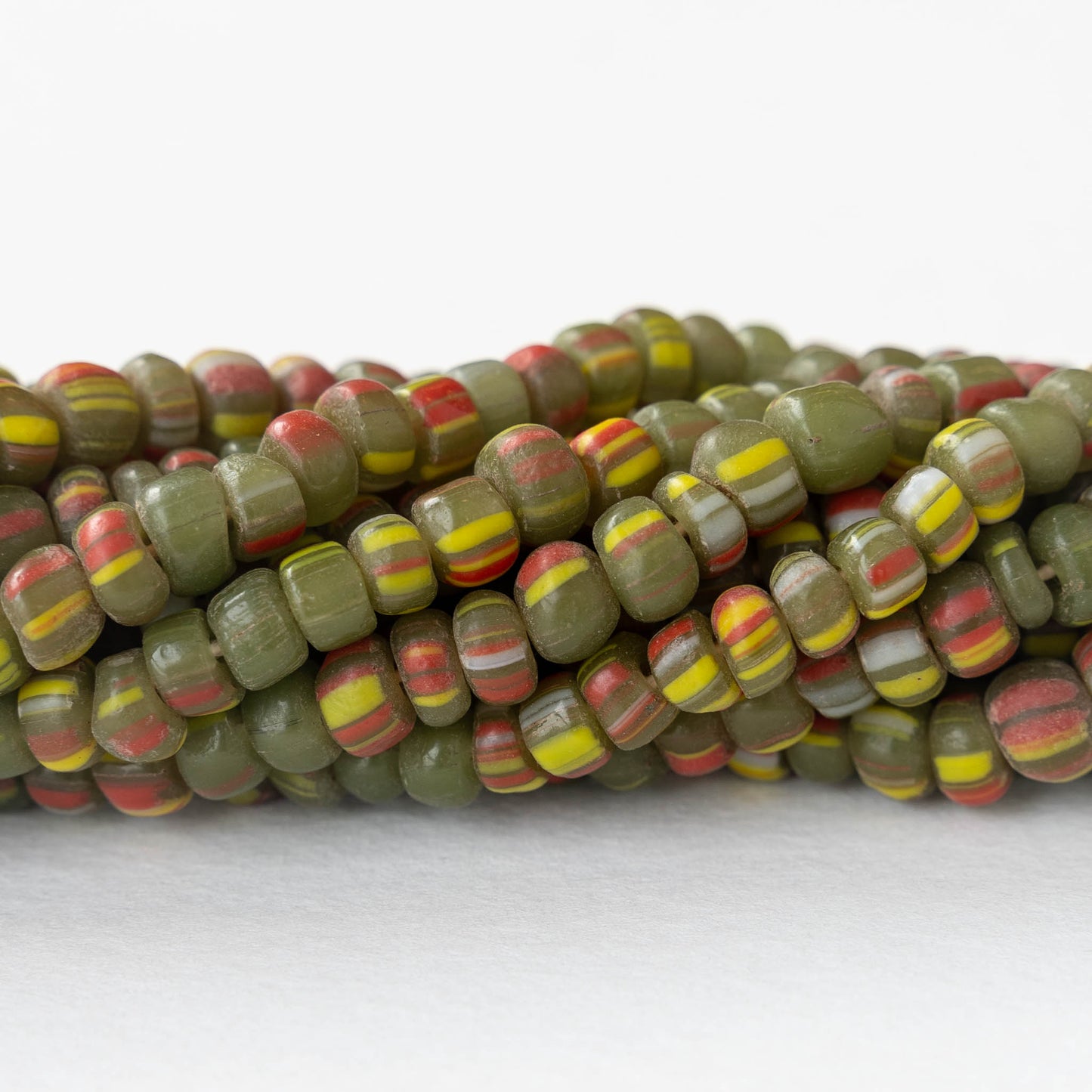 Java Trade Beads - Striped Olive Green - 12 Inches