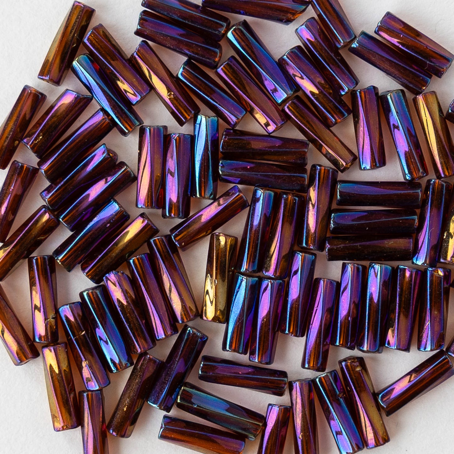 7mm Twisted Bugle Beads - Metallic Brown Rainbow - 20 inch strand ~80 beads