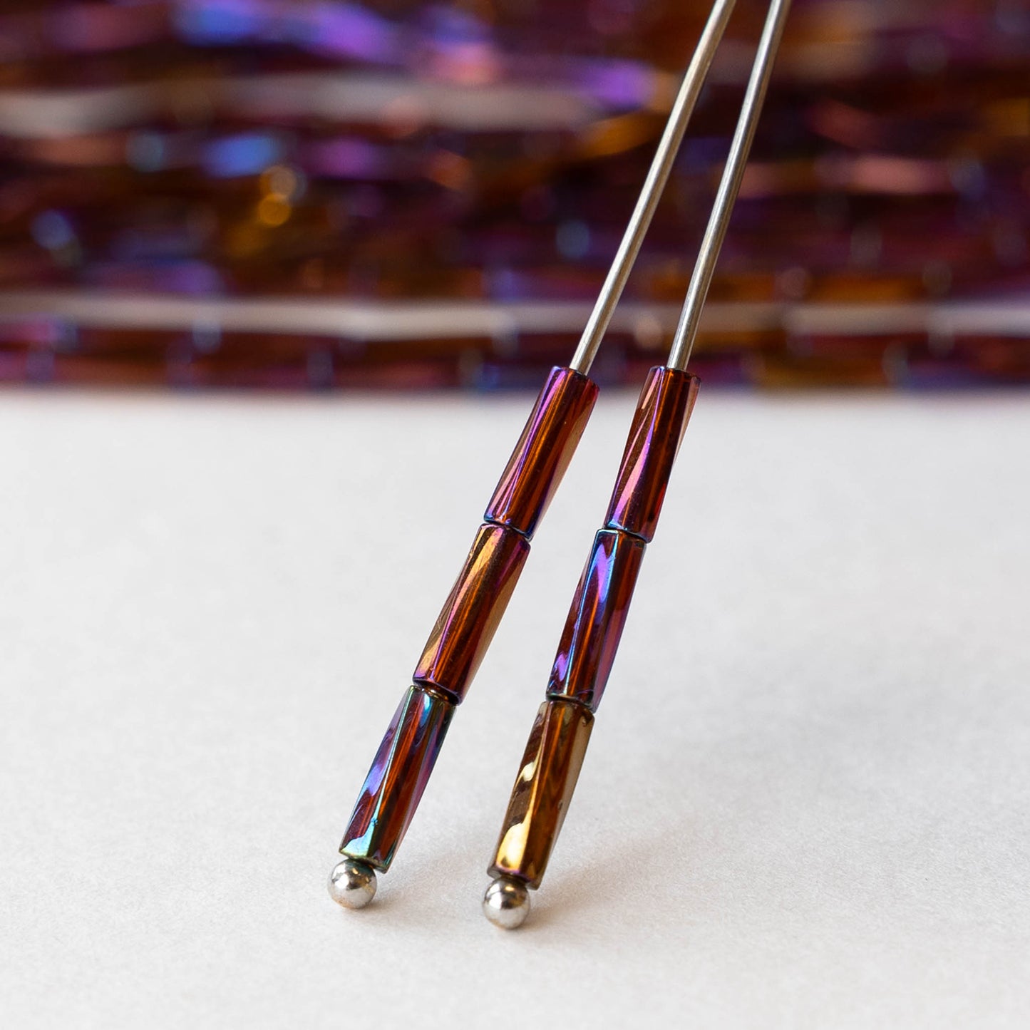 7mm Twisted Bugle Beads - Metallic Brown Rainbow - 20 inch strand ~80 beads