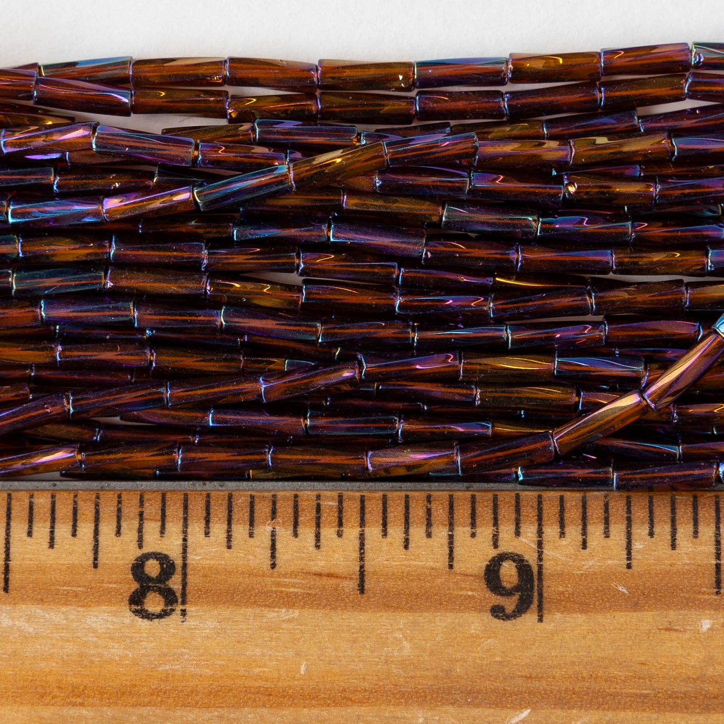 7mm Twisted Bugle Beads - Metallic Brown Rainbow - 20 inch strand ~80 beads