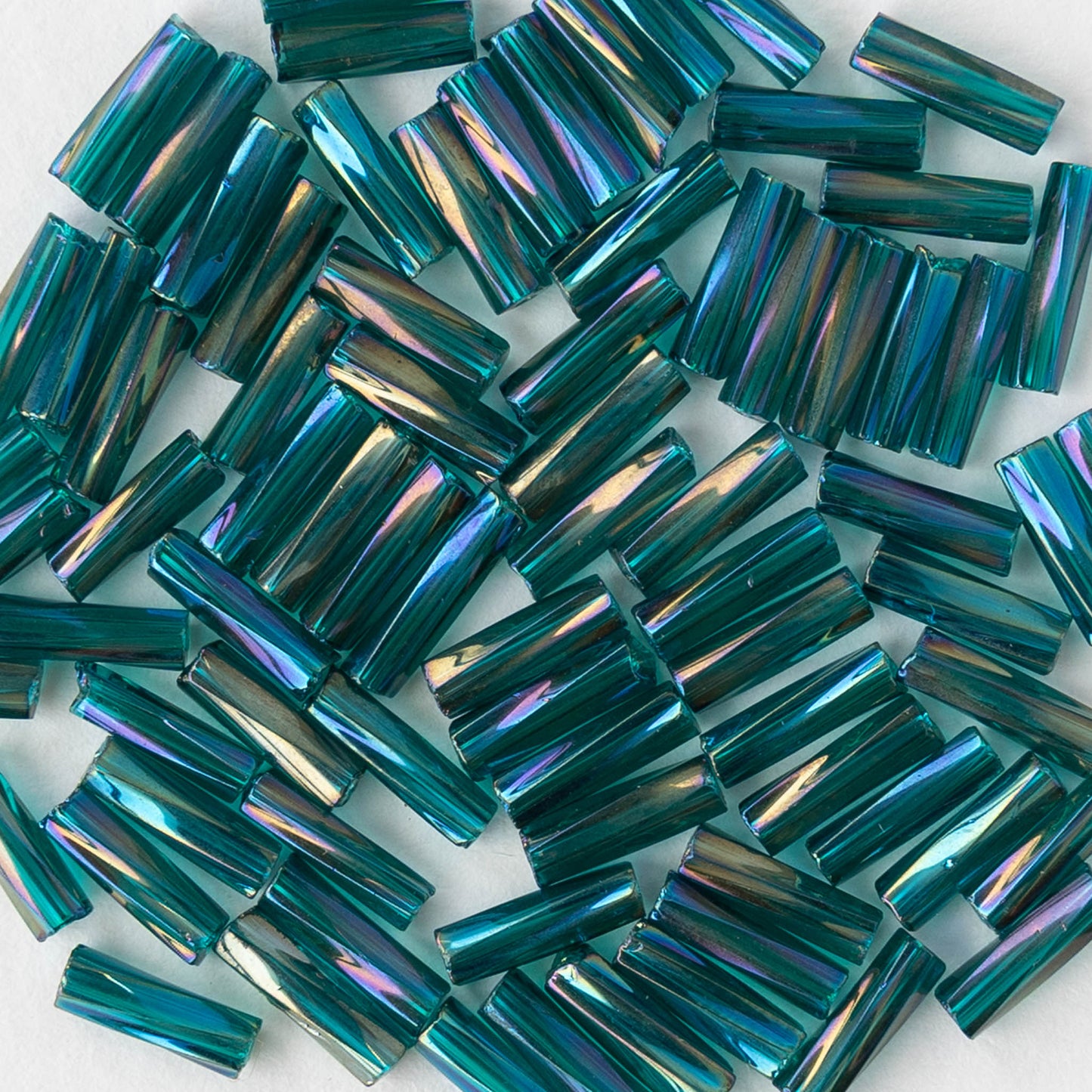 7mm Twisted Bugle Beads - Metallic Teal AB - 20 inch strand ~80 beads