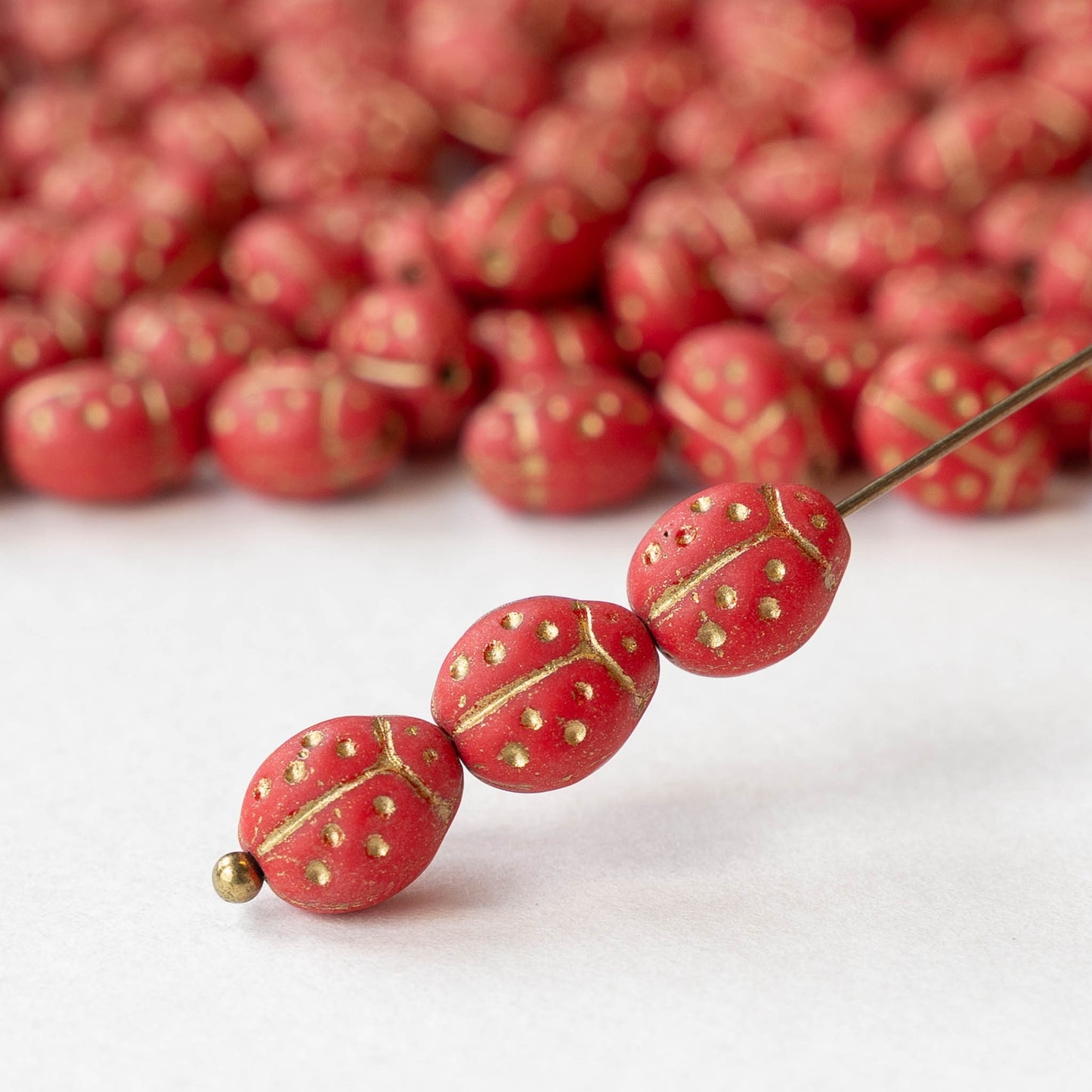 Ladybug Beads - Matte Red with Gold Wash - 20 beads