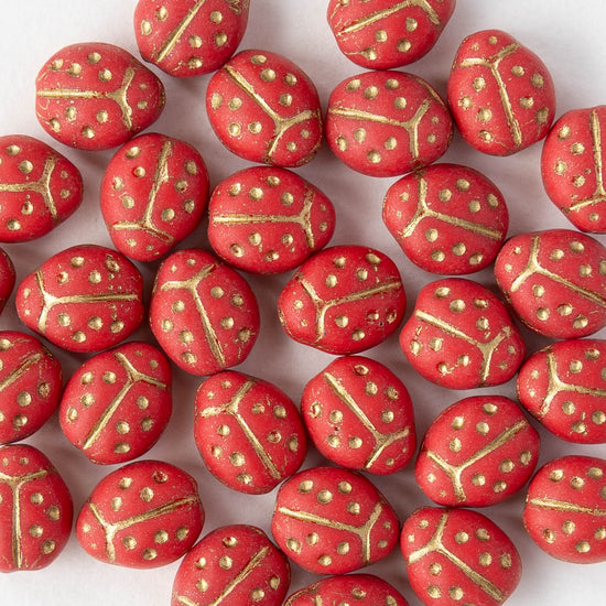 Ladybug Beads - Matte Red with Gold Wash - 20 beads