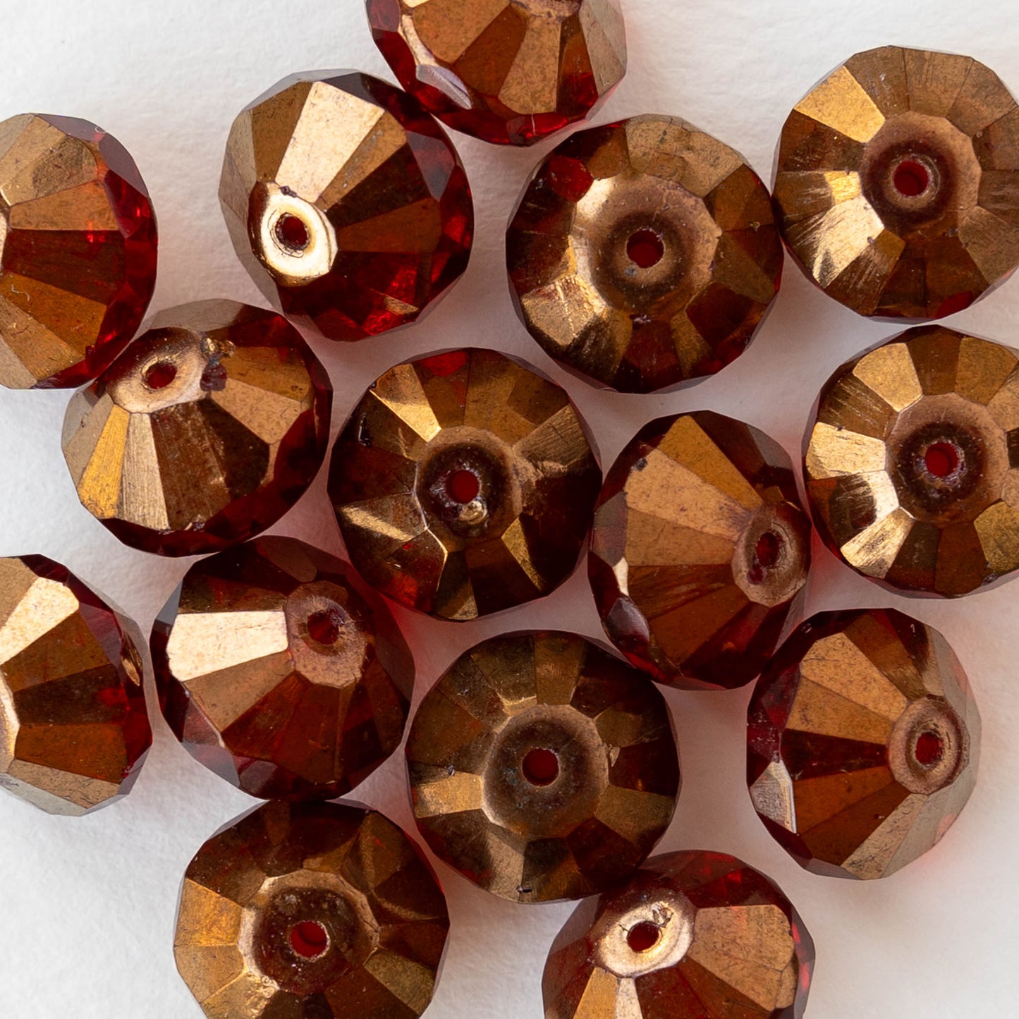 7x11mm Faceted Glass Saucer Bead - Red with Bronze - 10 beads