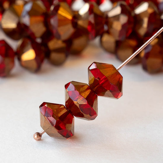 7x11mm Faceted Glass Saucer Bead - Red with Bronze - 10 beads