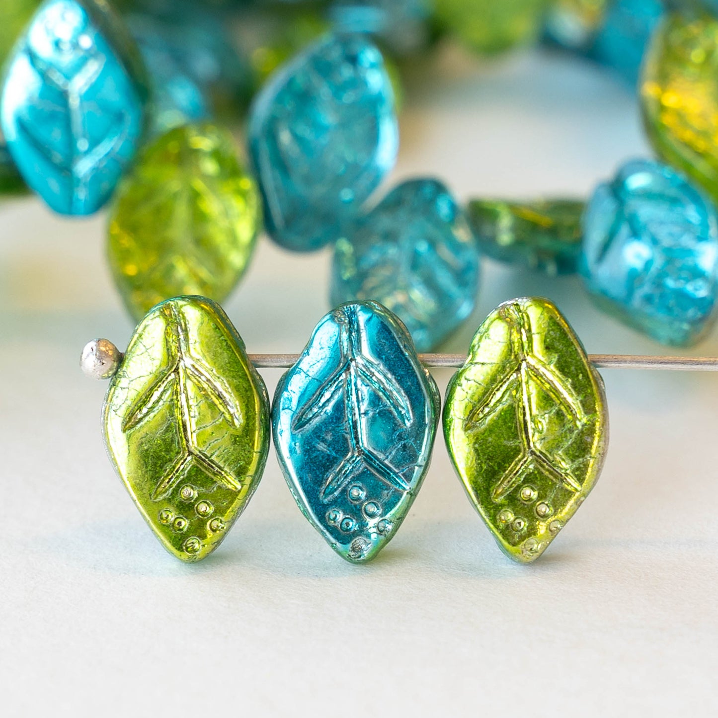 12mm Glass Leaf Beads - Green Blue Mix - 25 leaves