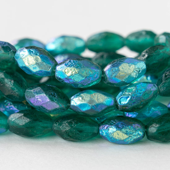 12mm Faceted Oval Beads - Etched Emerald Green AB - 12 beads