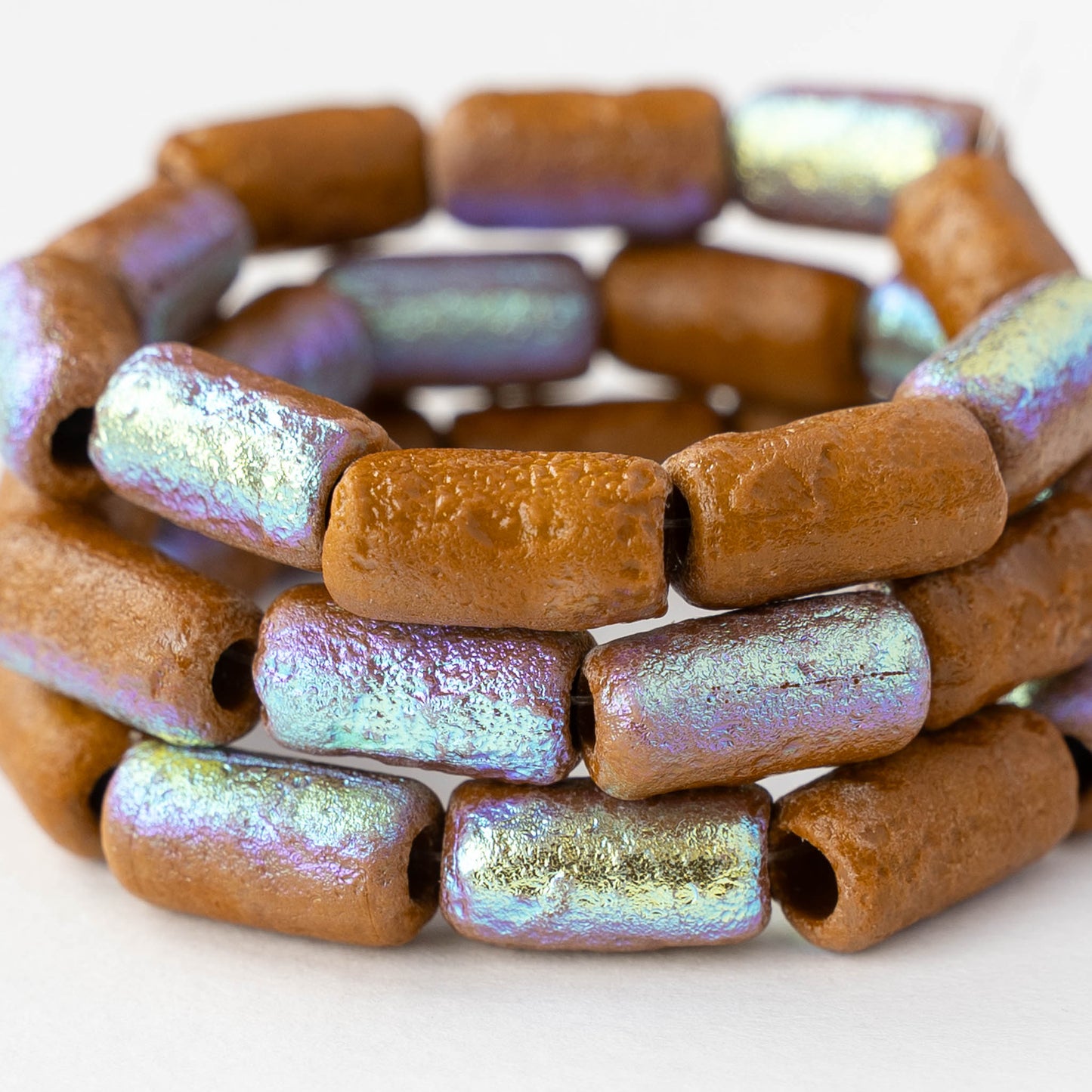 14x7mm Glass Tube Beads - Etched Ochre AB - 10 beads