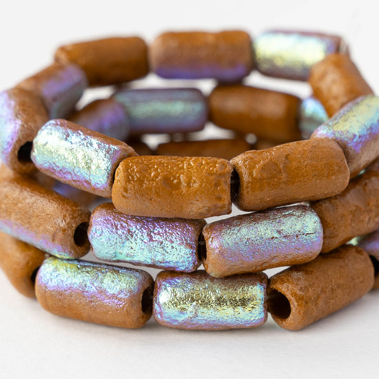 14x7mm Glass Tube Beads - Etched Ochre AB - 10 beads