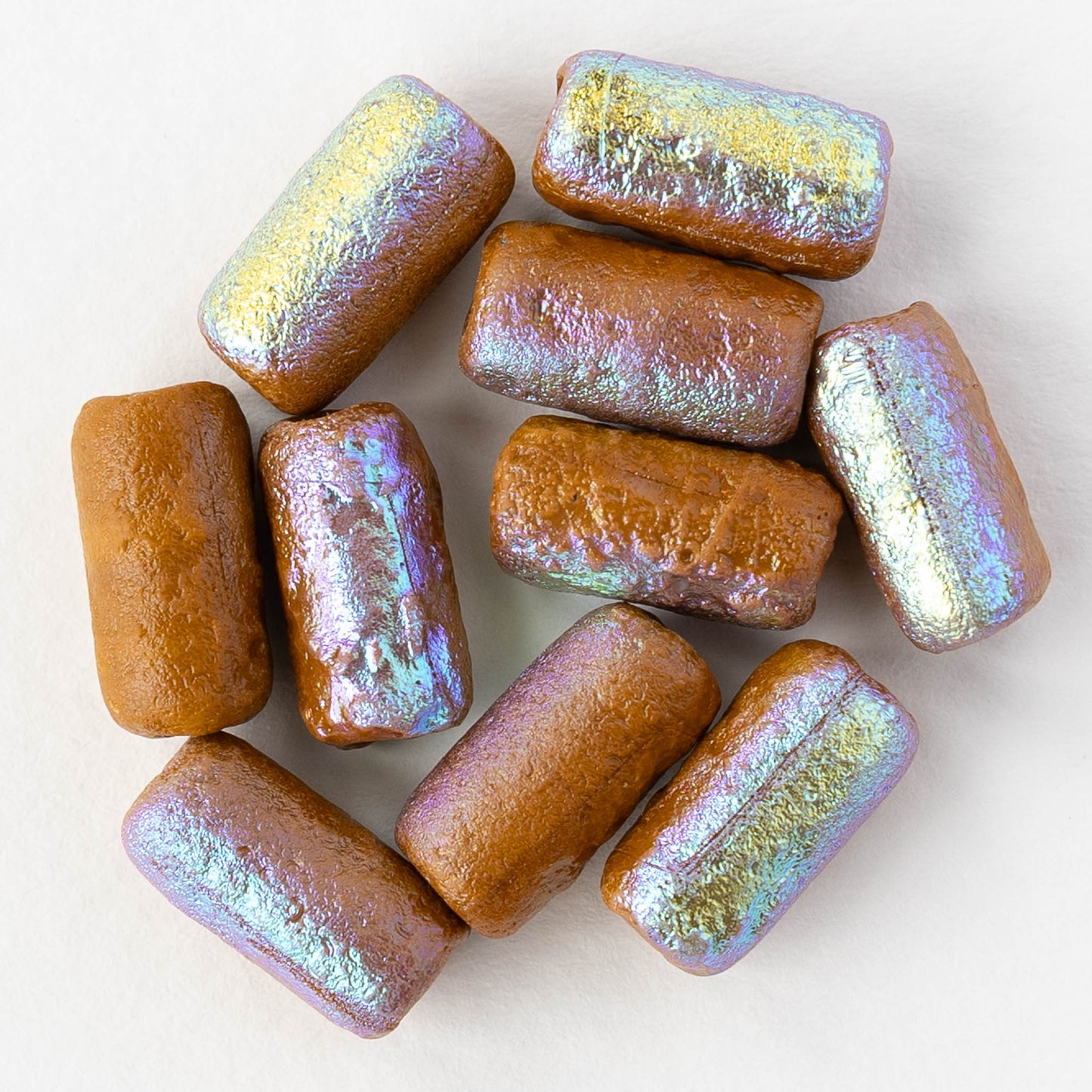 14x7mm Glass Tube Beads - Etched Ochre AB - 10 beads