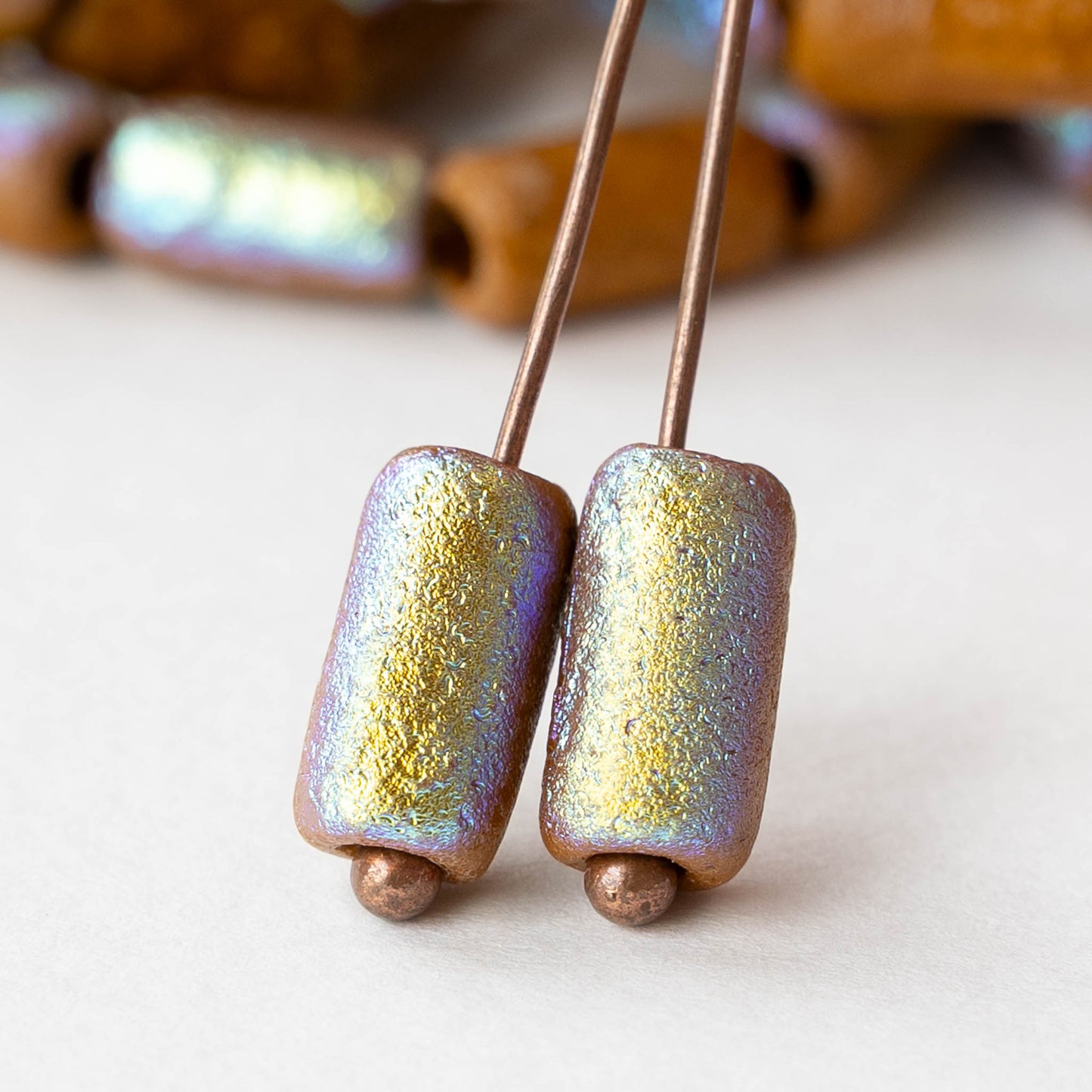 14x7mm Glass Tube Beads - Etched Ochre AB - 10 beads