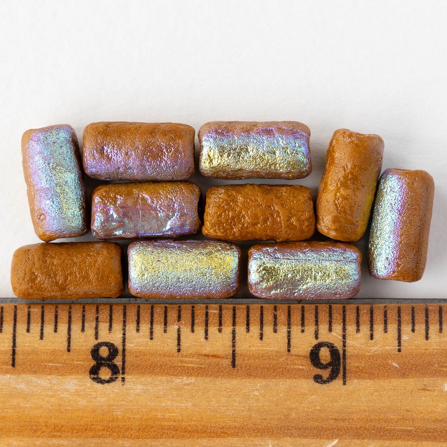 14x7mm Glass Tube Beads - Etched Ochre AB - 10 beads