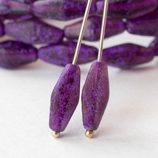 7x14mm Glass Rhombus Beads  - Etched Purple - 10 Beads