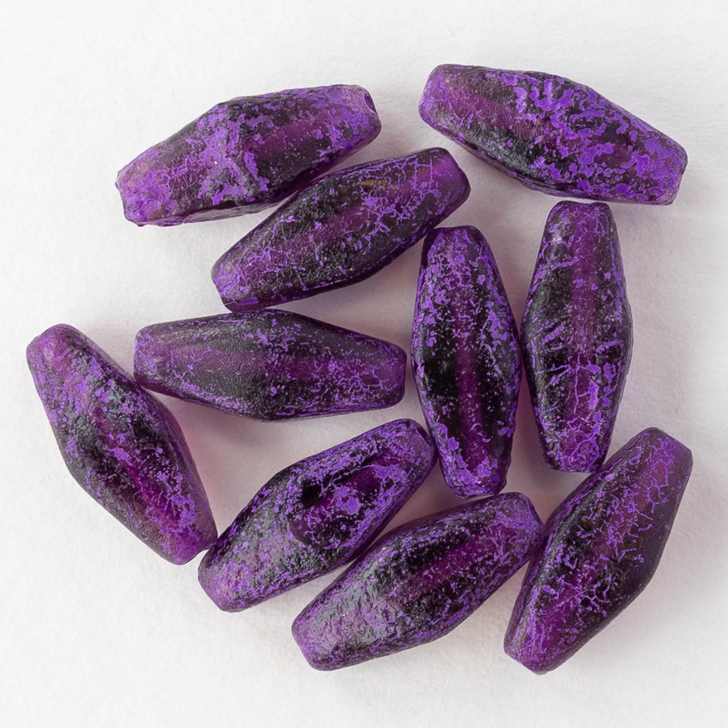 7x14mm Glass Rhombus Beads  - Etched Purple - 10 Beads