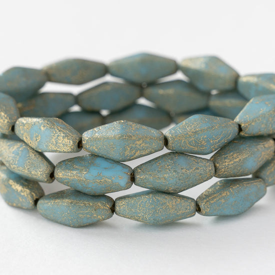 7x14mm Glass Rhombus Beads - Sky Blue with Gold Dust - 10 Beads