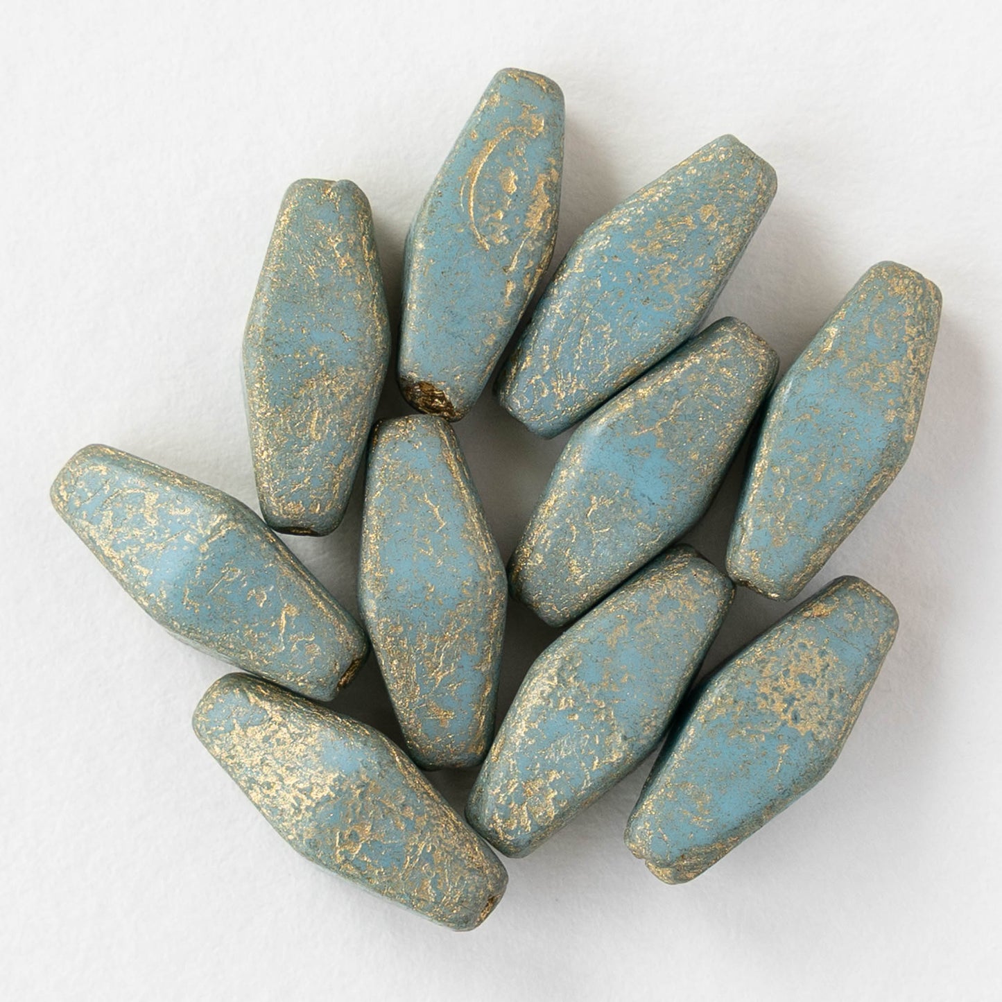 7x14mm Glass Rhombus Beads - Sky Blue with Gold Dust - 10 Beads