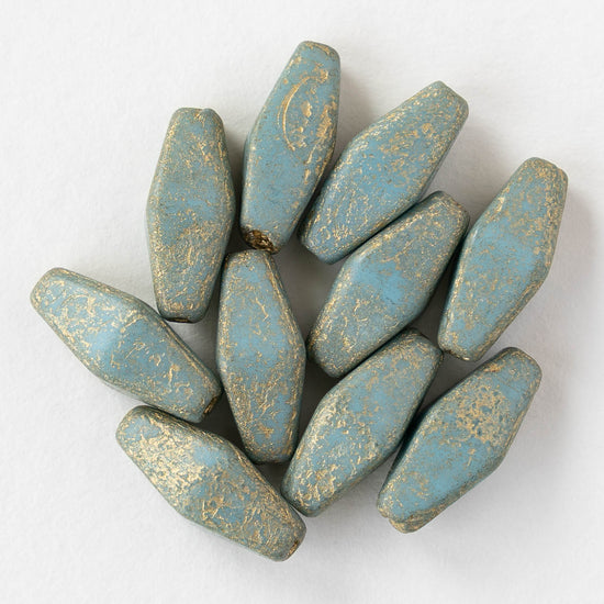 7x14mm Glass Rhombus Beads - Sky Blue with Gold Dust - 10 Beads