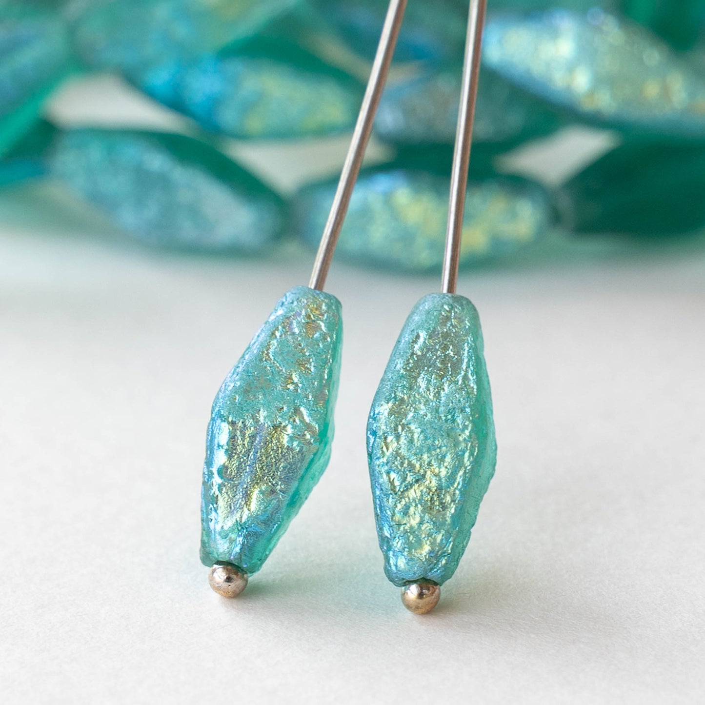 7x14mm Glass Rhombus Beads - Etched Emerald AB - 10 Beads