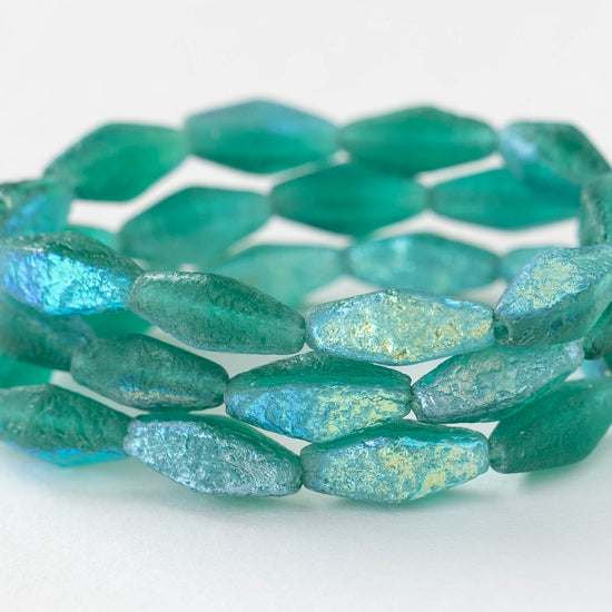7x14mm Glass Rhombus Beads - Etched Emerald AB - 10 Beads