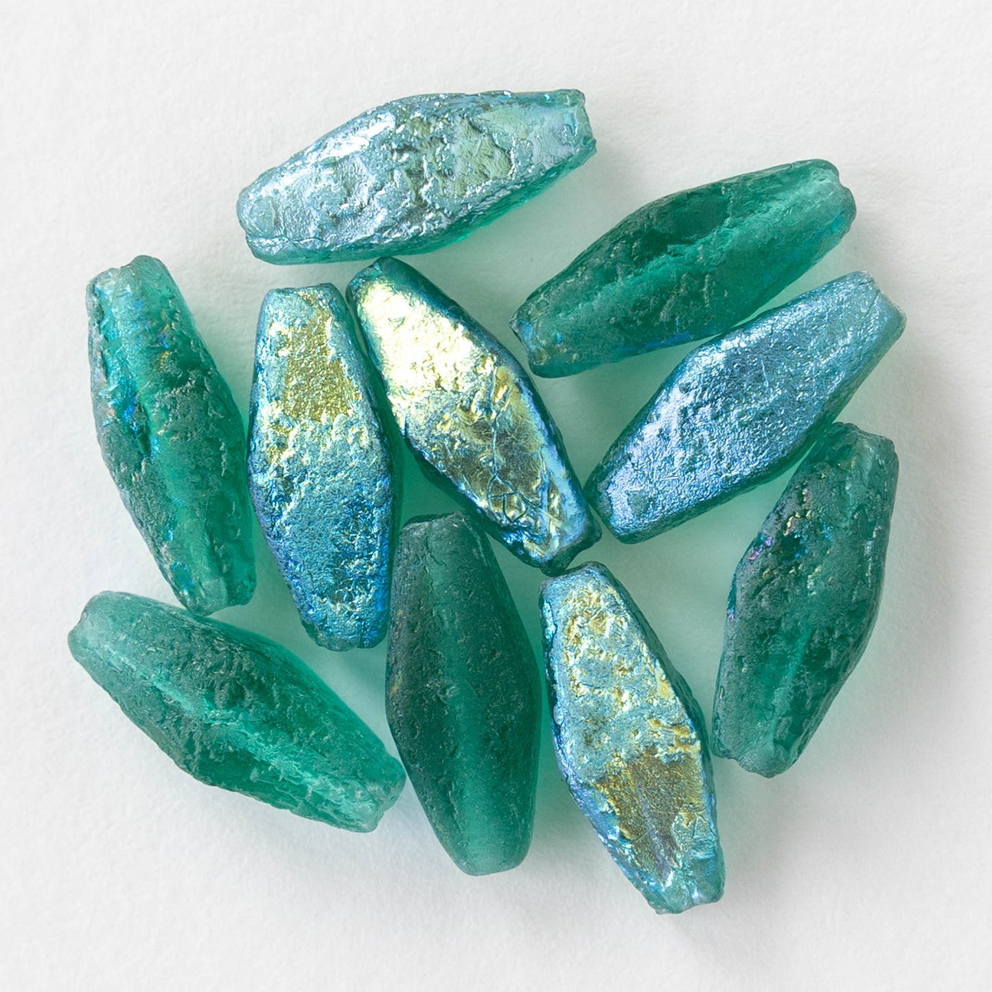 7x14mm Glass Rhombus Beads - Etched Emerald AB - 10 Beads
