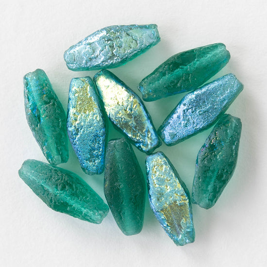 7x14mm Glass Rhombus Beads - Etched Emerald AB - 10 Beads