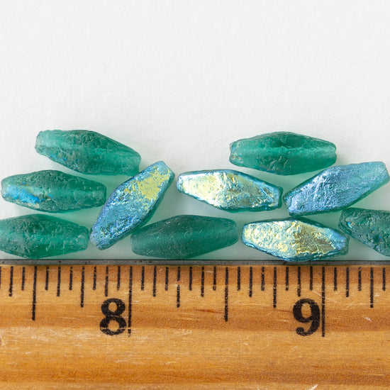 7x14mm Glass Rhombus Beads - Etched Emerald AB - 10 Beads