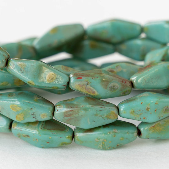 7x14mm Glass Rhombus Beads  - Opaque Turquoise Picasso - 10 Beads