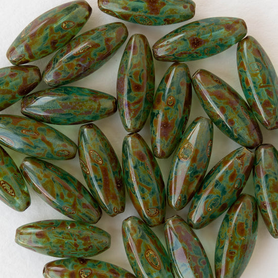 7x19mm Glass Oval Beads - Transparent Aqua with Picasso Finish - 10 beads